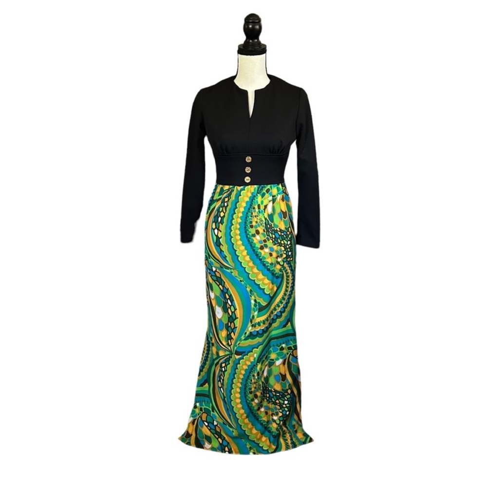VTG 60s Psychedelic Swirl Empire Waist Maxi Dress Long Sleeve Union Tag Size 7